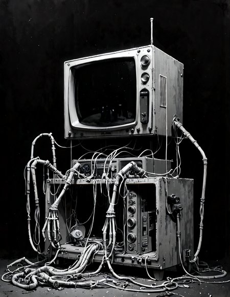 score_9, score_8_up, score_7_up, mm-style, monochrome, black background, ( television monster ), pipes and wires, horror, dark fantasy, full body, <lora:Monochrome_Monsters_Pony:0.8>