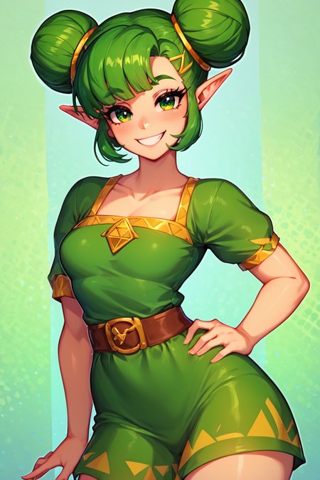 score_9, score_8_up, score_8, medium breasts,(curvy), cute, eyelashes,       BREAK, , ,,,  zzFarore, green eyes, green hair, double bun, pointy ears, bangs, green dress, collarbone, short sleeves <lora:Farore_Zelda_PDXL:0.6>, ,,, <lora:Afrobull_PDXL_v5:0.8>,  ,,,, BREAK, smile, looking at viewer, hip to the side, hand on hip, contrapposto, embedding:zPDXL, Expressiveh, <lora:SDXLFaeTastic2400:0.5>, <lora:Expressive_H-000001:0.4>,