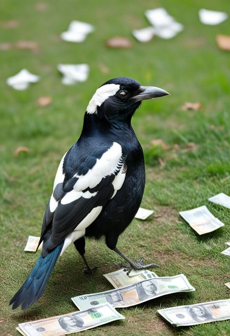full body shot nature photography of an Australian magpie, 
(in its beak is a money-roll of U.S. $100 bills), 
a mysterious photo suggesting the bird found the cash somewhere and picked it up and flew away with the money, astounding steal by the magpie, 
highest quality, OverallDetailXL