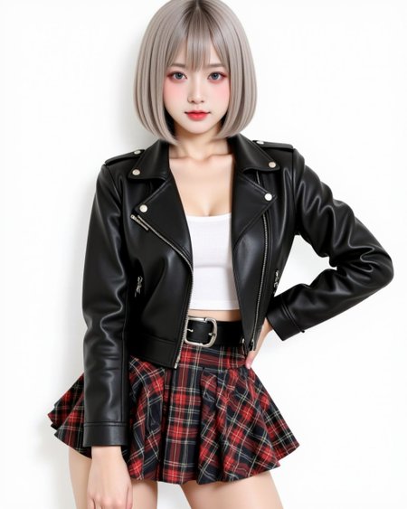 phonypony, A hyper-realistic digital drawing,1girl, 1girl, a pretty Asian, 26 years old, gray eyes, pale porcelain skin, chin‑length silver blunt bob, (she is wearing a black leather biker jacket and high‑waisted plaid mini‑skirt), she is pear‑shaped with strong thighs and a small bust,  Shot in semi-realistic style, emphasizing textures, rendered in vibrant digital color palette. 