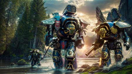 realistic analog photo, award winning photo,
 <lora:FantasyLandscape-10:0.75> fanlan, 
 <lora:Titans MK1 by CARAXES:1> titans, reaver, giant, massive size diffrence, marching across river,
RAW, highres, 8k, uhd, High Dynamic Range, tonemapping, crisp details,