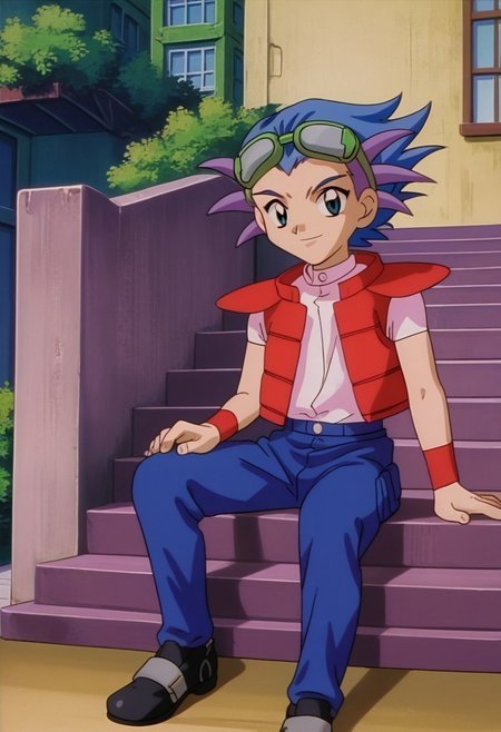 score_9, score_7_up, source_anime, 

rabioli, 1boy, male focus, solo, blue eyes, multicolored hair, blue hair, purple hair, spiked hair, shirt, pink shirt, short sleeves, jacket, red jacket, sleeveless jacket, open jacket, open clothes, pants, blue pants, shoes, black footwear, goggles, goggles on head, wristband,
outdoor, stairs, sitting, smile,