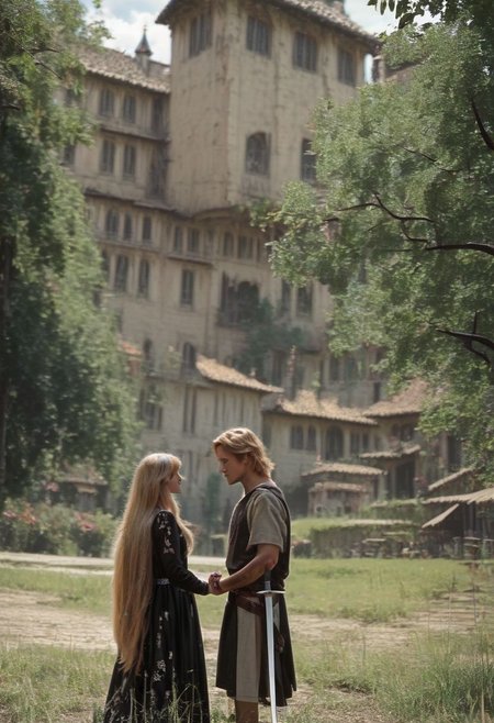 score_9, raw photo, scenery, village,  romance, film still, grainy, ,  (1girl, cute smile, peasant clothes)(1boy, knight shirt), templar, sword on belt,  dress, black dress, long hair, blonde hair, outdoors, blurry, holding hands, grass