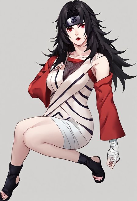 score_9, score_8_up, score_7_up, score_6_up, score_5_up, score_4_up, source_anime, 1girl, 
kurenai, red eyes, black hair, long hair, forehead protector, lipstick, fishnet top, single sleeve, white dress, bandages, bandaged arm, toeless footwear, 
masterpiece, best quality, very aesthetic, absurdres,