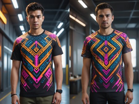 a <lora:RMSDXL_Photo:3> incredible futuristic t-shirt design, neon tribal pattern, post-processing, de-noise, ultra realistic, unreal engine