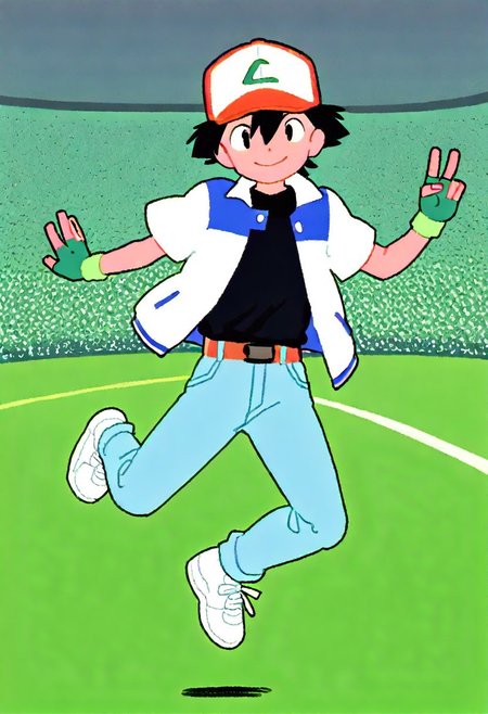 best quality, masterpiece, absurdres, score_9, score_8_up, score_7_up, flat color, ashpk, 1boy, (in a stadium:1.4),  male focus, solo, black eyes, black hair, hair between eyes, hat, baseball cap, shirt, black shirt, multicolored clothes, multicolored jacket, jacket, blue jacket, white jacket, open jacket, open clothes, short sleeves, gloves, green gloves, fingerless gloves, belt, jeans, denim, shoes, sneakers, white footwear, v-sign, jumping, shinning smile