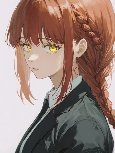 <lora:çå¥ç:1>,1girl, makima_\(chainsaw_man\), solo, braid, red_hair, yellow_eyes, looking_at_viewer, braided_ponytail, shirt, collared_shirt, ringed_eyes, bangs, long_hair, white_shirt, parted_lips, formal, jacket, suit, sidelocks, black_jacket, upper_body, white_background, from_side, simple_background, long_sleeves, medium_hair