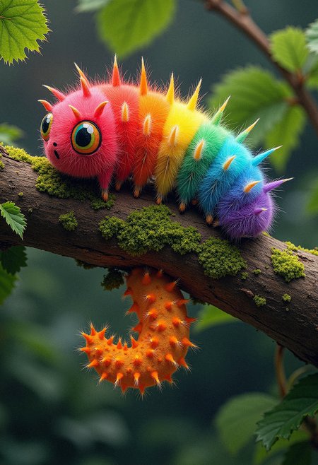 rainbow colored Woollybear caterpillars, very detailed, its eyes are rainbow colored, tree branch, detailed green leaves, a lots of fungus grow on tree branch, a cocoon hanging under the tree branch


