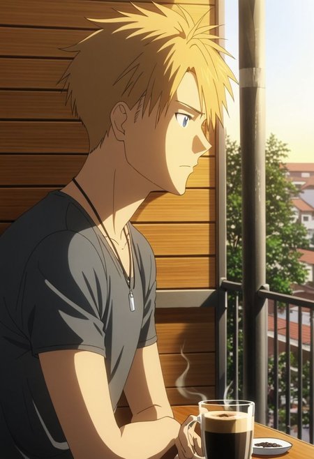 high resolution, professional photography, best quality, 1Boy, Yamato Ishida, blond hair, deep blue eyes, necklace, home balcony, morning, soft sunlight, cigarette, coffee, v-neck t-shirt, shorts, potrait, looking away, OverallDetail