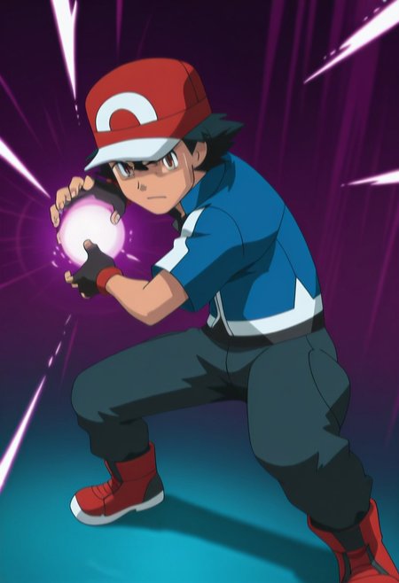 masterpiece, best quality, PokemonStyle, ashxyz, 1boy, male focus, solo, brown eyes, black hair, bangs, hat, baseball cap, red footwear, shirt, black shirt, jacket, blue jacket, short sleeves, gloves, black gloves, fingerless gloves, kamehameha, energy ball, aura, looking at the viewer, serious face