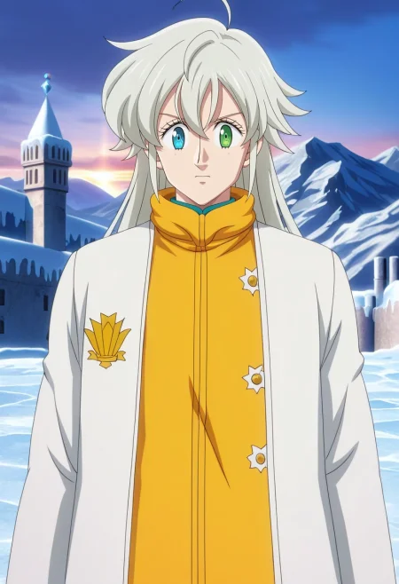 masterpiece, best quality, , anime screencap, anime coloring, official style, looking at viewer, 1boy, solo, male focus, <lora:tristan_liones_ilxl:0.94>, tristan_liones, grey hair, green eyes, long hair, ahoge, heterochromia, blue eyes, mountain palace, stone towers, snow courts, ice gardens, royal pose, commanding expression, sunrise, ,