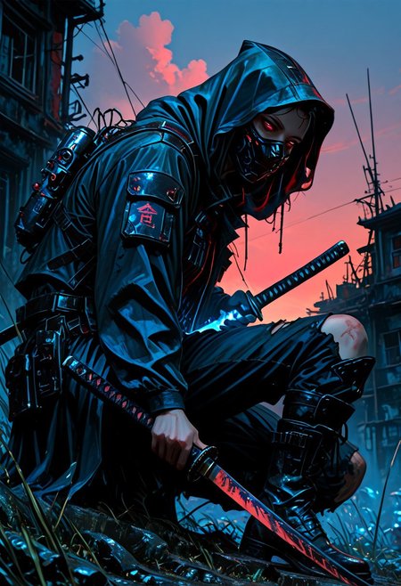 masterwork, masterpiece, best quality, detailed, depth of field, , high detail, best quality, very aesthetic, 8k, photorealistic, realistic skin, deep colour, high contrast, hyperdetailed, matte digital painting, trending on artstation, sharp edges, precise, clear focus, detailed face, face focus, sideview, wide shot, looking at viewer, 
 futuristic, gritty. 
line art, ink art of a woman, solo, soldier, enigmatic, (glowing red eyes), matte black modular suit of armor, molded armour, whole body protection, heavy boots, holding a katana, blue glowing blade, ready to fight, fighting stance. Deep hood, black face mask, pale skin, 
background war-torn urban landscapes, dramatic lighting, dynamic angle, whole body, face focus, high contrast, deep shadows, distant fires, smoky sky, matte painting, 
 STP-Illu