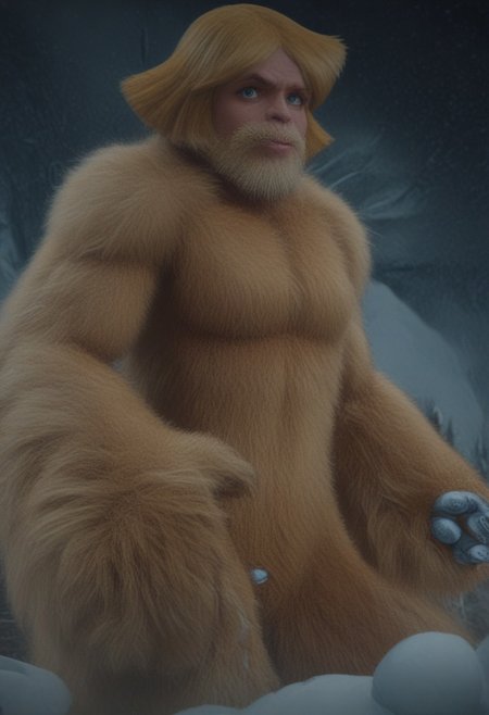 @brtlmss1, tall, muscular, thick limbs, large (kala:0.3) source_cartoon, cartoon_source, dark skin, yeti, bigsquatch, clover \(totally spies\), blonde hair, short hair, blue eye, on a mountain, blonde fur, female bigfoot, sasquatch, looking at viewer, breasts, sad gaze, detailed face, hairy body, detailed eyes, (detailed hands), detailed fingers, Shallow Depth of Field, hairy, FURRY BODY, yeti, (abominable snowman),  very big feet,  beard, covered in yellow fur,