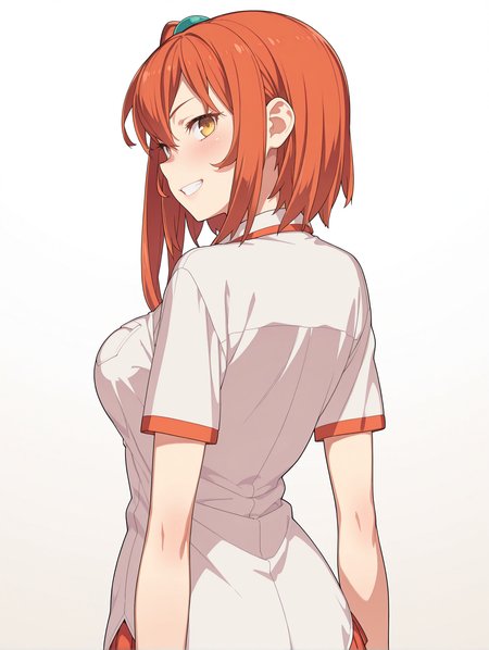 masterpiece,best quality,newest,
1girl,solo,
<lora:yuriko_ilxl_v1.1:1>,yuriko,yellow eyes,orange hair,side ponytail,y_clothes,
<lora:Fixhands_anime_bdsqlsz_V1:1>,simple_background,white_background,face_focus,upper_body,grin,light_blush,hand_on_own_,profile,looking_at_viewer,looking_back,from behind,
