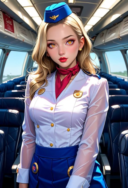 score_9, score_8_up, score_7_up, source_anime, highly detailed,  
1 girl, 23 years old,
margaretp4, blonde hair, long hair, yellow eyes, big breasts,
cabin crew, blue skirt, uniform, white shirt, miniskirt, stewardess hat, pantyhose, black pantyhose, high heels, lipstick,
airport, lounges, standing, From front. cowboy shot,