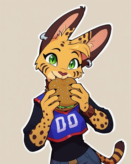 score_9_up, score_8_up, score_7_up, score_6_up, by remanedur, half-length portrait, medium breasts, brown choker, serval, green eyes, female, tail, 4 fingers, ear piercing, brown bracelet, bracelet, collar, denim bottomwear, denim jeans, ripped jeans, brown ears, brown spots, facial markings, jersey, tail, solo, jermaWhopper, eating, burger, happy, three-quarter view, head tilt, simple background, white outline,  <lora:Leah_Pines(AIM)_XL_v1:0.15> <lora:PDXL_artist_tags_v2_big:0.5> <lora:The-Minuscule-Task_PDXL_v1.0:0.6>  <lora:Pepper_Paminta_Ruffu:0.65> <lora:jermawhopper-pdxl-nvwls-v1:1>