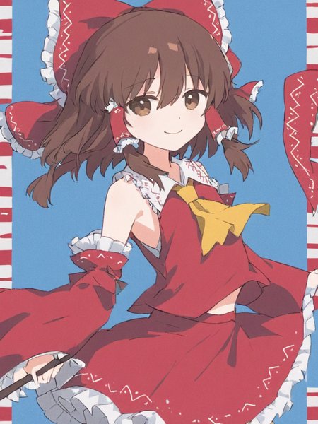 <lora:åä¸½çµæ¢¦:1>,1girl, hakurei_reimu, solo, brown_hair, bow, gohei, detached_sleeves, hair_tubes, brown_eyes, red_bow, ascot, hair_bow, red_skirt, smile, skirt, yellow_ascot, sarashi, ribbon_trim, looking_at_viewer, closed_mouth, ribbon-trimmed_sleeves, bare_shoulders, frills, hair_between_eyes, bangs, wide_sleeves, striped, striped_background, holding, medium_hair, red_vest, shirt, blue_background, red_shirt, long_sleeves, vest, standing, frilled_bow