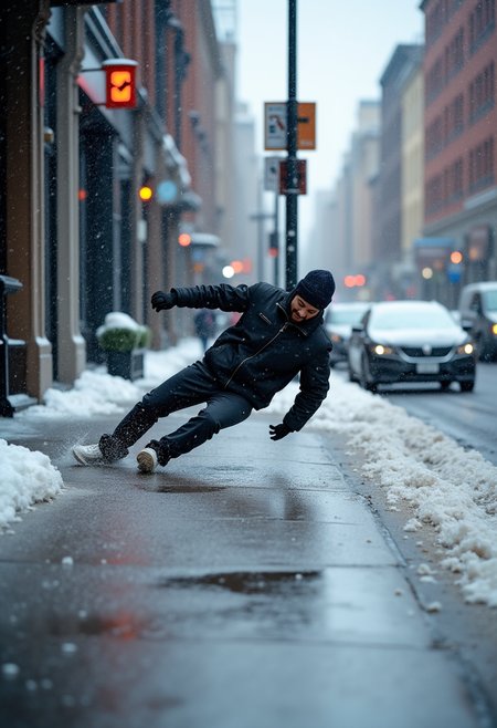 A person falling on ice while walking on the sidewalk