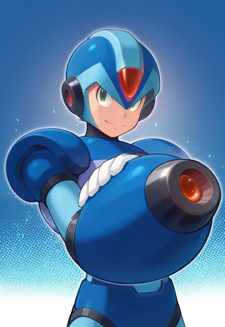 masterpiece, best quality, high resolution, absurdres, Harusuee, 1boy, megax, green_eyes, blue_helmet, blue_armor, blue_bodysuit, arm_cannon, white_gloves, upper_body, blue_background, halftone_background, smile, looking_at_viewer, arm_up, aiming_at_viewer,
<lora:illustriousXLv01_stabilizer_v1.121:0.5>  
