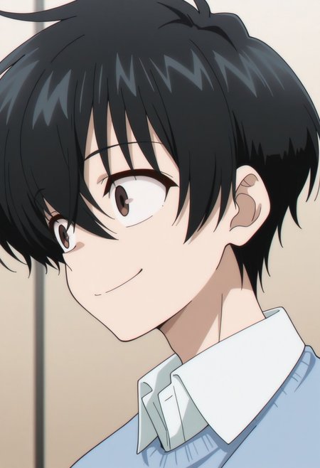 masterpiece,best quality,amazing quality, source_anime, 
KeitaroGentoga, 1boy, male focus, solo, brown eyes, black hair, shirt, white shirt, collared shirt, blue sweater, portrait, smile,