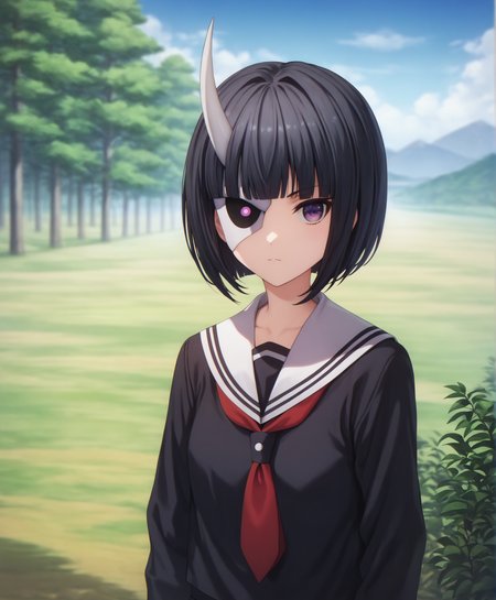 score_9, score_8_up, score_7_up, highres, hi res, best quality, masterpiece, 2d, intricate details, 4k, anime coloring, shadow, uncensored,
1girl, solo, female, short hair, black hair, purple eyes, blunt bangs, bob cut, single horn, mask, 
school uniform, black shirt, black skirt, sailor collar, sailor fuku, red necktie, white sailor collar, pleated skirt, 
portrait, upper body, looking at viewer, facing viewer, 
outdoors, field, depth of field, horizon, field, blue sky, cloudy sky, mountains, forests, <lora:Rin_Onigawara1024_Pony:1>, onigawara rin, busou shoujo machiavellism,