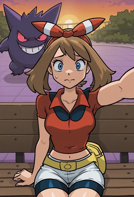 b4tm3t41style,   masterpiece, best quality, solo,                                                                                                                                             MAY \(POKEMON\), red shirt,  bow hairband, white shorts, yellow fanny pack, midriff, a purple evil gengar \(POKEMON\) sitting beside her, worried, pov taking a selfie,  sitting on bench, sunset park, background, looking at viewer, terrified,