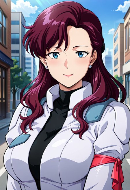 ((masterpiece, absurdres)), best quality, amazing quality, newest, 4k, anime coloring, very aesthetic, ray tracing, Smooth Quality, CG,city view,Junko, 1 mature female, purple hair, long hair, ear accessory, blue eyes, smile ,pilotsuit, turtleneck t-shirt, arm ribbon ,upper body