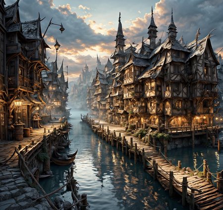 RAW photo, (masterpiece:1.3), subsurface scattering, heavy shadow, (high quality:1.4), (intricate, high detail:1.2), professional photography, HDR, High Dynamic Range, realistic, ultra realistic, photorealistic, high resolution, film photography, ambient lighting, atmospheric effects, <lora:detail_slider_v4:2>, OverallDetail,  <lora:Laketown:1>, ridge, building, town, cloud, fantasy, laketown, no humans, scenery,  sky, stairs, water, watercraft