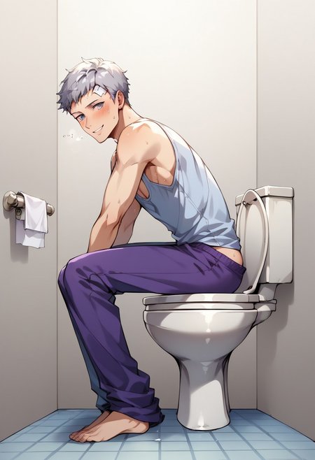 1boy, solo, silver hair, akihiko sanada, grey eyes, white bandaid
,((zPDXL)), score_9_up, score_8_up, score_7_up, score_6_up, score_5_up, score_4_up, best quality, amazing quality, best aesthetic, absurdres, year2023, uncensored, nsfw, official art, official style, depth of field, detailed eye, handsome, attractive, mature male, male focus, talking,
 sweaty, flushed, depressed, smile, tank top, sweatpants, blushes when he farted, sideview asscheek, indoors, , dormitory interior, dormitory restroom, sit, lower half exposed, leaning forward, asscheek sitting on toilet, pokemon toilet, shidder, bare ass sitting on the toilet, indicating he has a stomach ache, full body, ,toilet, diarrhea in the toilet, (toilet use:1.6) , pooping on the toilet, , diarrhea, high quality, masterpiece, newest, latest full body, farting while pooping, relieved while defecating on the toilet, resting elbows on knees sit pose, purple pants pull, pants pulled around knees, fart, farting, pooping, pffttt! fart effect onomatopoeia, farting on toilet,view from side, toilet, highlighted on his bare ass sitting on the toilet, sexy sideview, <lora:sdxl_lightning_8step_lora:1> <lora:detailed_notrigger:1> <lora:Smoothanime:1>OverallDetailed<, <lora:pony_toilet:0.7> <lora:detail:1> <lora:Smooth Anime:1><lora:EMS-440908-EMS:1.000000>
<lora:Style - Expressive_H-000001:1> expressiveh