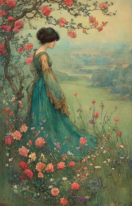 masterpiece,best quality,<lora:tbh144-sdxl:0.7>,patten,computer,flowers,illustration,style of Warwick Goble