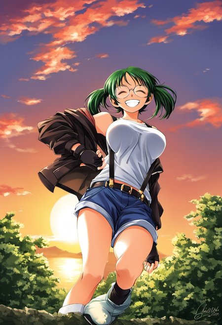 score_9, score_8_up, score_7_up, source_anime, rating_explicit, BREAK  <lora:Sakurako_Ver2.0_XL:1> Sakurako, solo, glasses, green hair, closed eyes, twintails, short hair, large breasts,
smile,  grin, arms behind back
gloves, shorts, fingerless gloves, tank top, jacket, suspenders,
sunset, outdoor, sky,