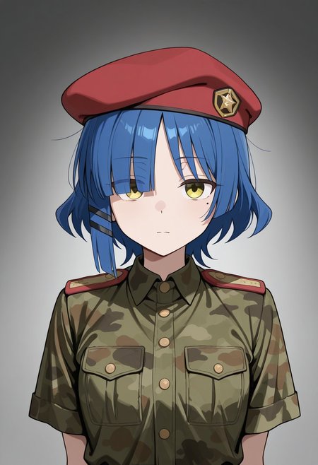 1girl, yamada ryo, bocchi the rock!, military uniform fabric with a strong green-dominant camouflage pattern. Deep green as the primary color, dark color unifrom with subtle brown and black irregular stripes creating a classic jungle loreng effect. Focus only on the camouflage pattern and fabric texture, avoiding any human features. High detail, crisp shading, and smooth fabric folds, short sleeves, Red military beret, dumb face, looking at viewer, upper body, mole under left eye,
masterpiece, best quality, amazing quality, newest, absurdres, highres, high detailed, masterpiece, best quality, amazing quality, newest, absurdres, highres, high detailed