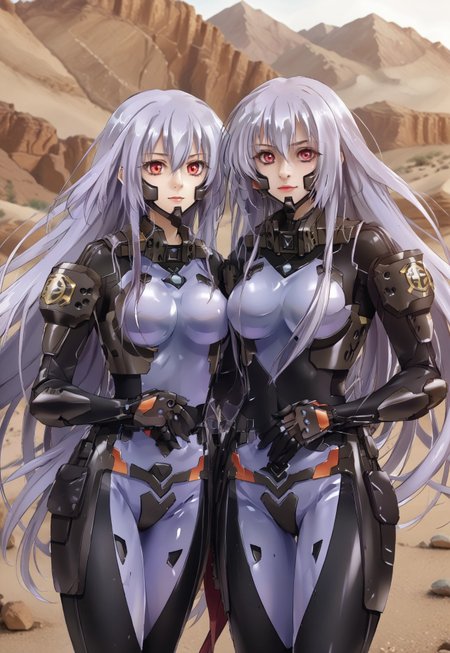 safe_pos, (score_9:0.9),score_8_up,score_7_up,rating_safe,anime style,(zPDXL),(zPDXL3),<lora:The Iris Swordsoul ponyXL v1.1:0.76>,purple eyes,light purple hair,fleurdelis, the iris swordsoul, 2girl, double, smile, closed mouth,  smile, 
schwarzesmarkenfortifiedsuit, pilot suit, impossible bodysuit,red eyes,,desert,schwarzesmarkenfortifiedsuit, pilot suit, impossible black bodysuit, whole body,　same height, Sexy Pause, 