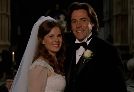 close-up shot of a vampire couple in a gothic cathedral, man in a dark victorian suit, woman in a victorian white wedding gown, smiling showing fangs, low light at night <lora:hammer-000073:1>