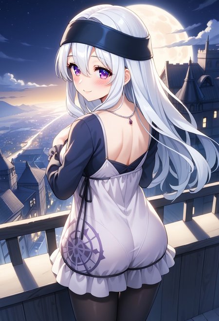 (masterpiece:1.3), (best quality:1.2), score_9_up, source_anime, solo, female, (white hair:1.3), very long hair, hair between eyes, (purple eyes:1.3), medium breasts, looking back, (standing pose:1.2), (back turned to viewer:1.3), presenting ass, ass focus, (blush:1.3), (affectionate expression:1.3), (soft smile), gentle eyes, headband, necklace, shirt, dress, (black pantyhose:1.2), (thigh_focus:1.2), (slightly high angle:1.2), standing on cliff, full moon in background, starlit sky, (bright night city in the distance:1.2), (soft lighting), (dramatic sky), (moonlight glow:1.3), scenic view, night atmosphere, fantasy style, beautiful composition, anime artstyle, high detail