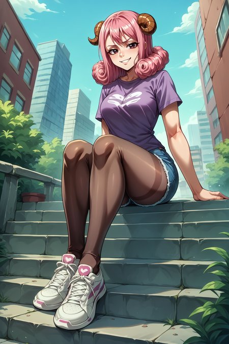 score_9, score_8_up, score_7_up, score_6_up, 1girl, solo BREAK <lora:NSAriesFairyTail:1> NSAriesFaiTai, sheep horns, pink hair, medium hair, hair curls, graphic tee, purple t-shirt, denim shorts, pantyhose under shorts, pantyhose, sitting, stairs, outdoors, city, sneakers, dutch angle, full body, from below, looking at the viewer, smug
