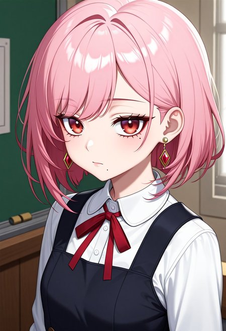 soumakira, amazing quality, detailed background, solo, anime coloring, indoors, 1girl, red eyes, jewelry, earrings, expressionless, closed mouth, pink hair, red eyes, school uniform, pinafore dress, white shirt, neck ribbon, mole under eye, mole under mouth