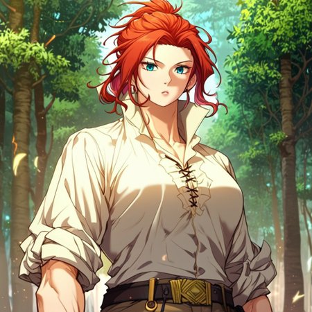 score_9, score_8_up, score_7_up, masterpiece, very high quality, Anime_source, AliciaTermina, blue eyes, red hair, medium hair, ponytail, working uniform, epiCPhoto, brown pants, white top, belt, abs, trees, dark sky,