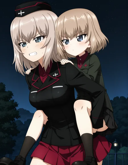 masterpiece,best quality, absurdres, highres, girls und panzer, anime screenshot, 2girls,  BREAK  katyushaillu, long sleeves, pravda school uniform, green jacket, red shirt, pleated skirt, turtleneck,  night, park,  black socks, black shoes, piggyback,