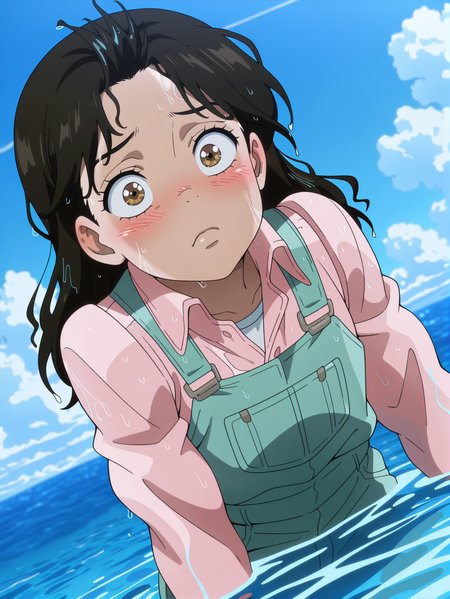 masterpiece, best quality, amazing quality, absurdres, newest, dynamic_angle, defined facial features, anime coloring, anime screencap, cloudy sky, ocean,
 <lora:Anne_Merlai_IL1.1v0:1> merlai anne, brown eyes, pink shirt, green overalls, in water, blush, wet clothes, wet hair,