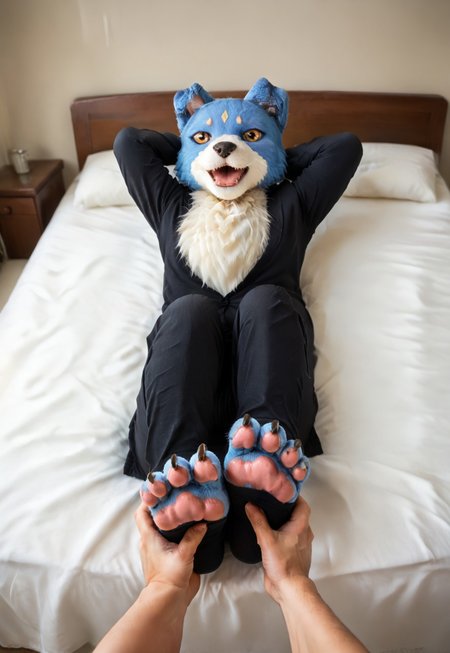 (((Barefoot furry character, full body, cinematic setting, furry male, plantigrade))) 

(((Gaomon))), boy, digimon, (((blue and white fur))), ((black pajama)), ((lies on the bed)), (((lies on his back))), (((receives feet massage))), (((his foot paw massaged))), (((getting feet massage))), his hands behind head, feet towards the viewer, feet POV, feet up, front view, dynamic angles, dynamic pose, pleasure expression, (((wears black toeless socks))), (((nice feet paws with pawpads and claws))), foomas, perfect hands of massager, (((correct anatomy)))

BREAK, intricate details, highly detailed, extreme detail, octane render, fine art, best quality, highres, (detailed face:1.5), ((full_body)), UHD, low light