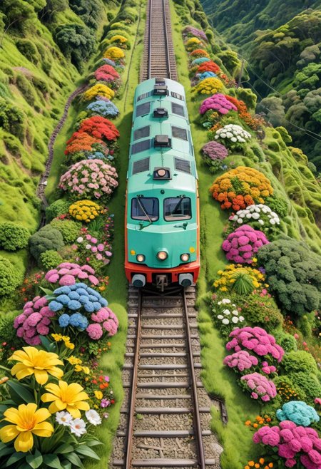 colombia, train on the tracks, surrounded by flowers, on top green grass, in the style of cute cartoonish designs, dreamlike visuals, soft sculptures, webcam, bright colors, bold shapes, coastal landscapes, capturing moments, soft color, matte color, Ghibli style