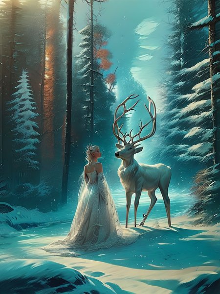 score_9, score_8_up, score_7_up, score_6_up, score_5_up,   <lora:snowXLP:1> snow, winter, 1girl, dress, tree, nature, outdoors, forest, reindeer, white dress, bare tree, deer, long hair