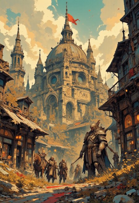 A medieval fantasy scene, set in a European castle or town. The scene is bathed in golden, late afternoon light, casting long shadows and creating a warm, ethereal atmosphere. The central focus is a grand, domed cathedral with ornate Gothic architecture, featuring multiple spires and arched windows. The London style cathedral's dome is adorned with intricate carvings and a red flag waves from its highest point. In the foreground, a cobblestone street is flanked by wooden buildings with thatched roofs, illuminated by soft, warm lights from lanterns hanging overhead. The street is adorned with a red carpet running down the center, adding a touch of grandeur. Several armored knights, dressed in heavy chainmail and helmets, walk down the street, some on horseback, creating a sense of nobility and authority. The knights' shiny armor is detailed with intricate designs, emphasizing their status. (add a big evil looking dragon to the scene). The background showcases more buildings and a bustling market scene, with people milling about and engaging in various activities. The overall texture of the image is highly realistic, capturing the rich textures of stone, wood, and metal, with a meticulous attention to detail that brings the scene to life. The scene is rich in detail. In the style of ff-td, vintage art, Fancha style.