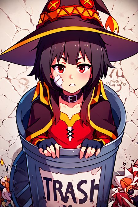 score_9, score_8_up, score_8,   BREAK,  <lora:Trash_Waifu_PDXL:1.0>,  zzTrashWaifu, in trash can,   <lora:konosuba-megumin-s2-ponyxl-lora-nochekaiser:0.6>,  megumin,  short hair, black hair, red eyes, short hair with long locks, gloves, hat, dress, black gloves, fingerless gloves, cape, collar, witch hat, bandages, red dress,   (text focus, the word trash:1),  BREAK,    embedding:zPDXL, Expressiveh,   <lora:CatalystStylePDXL:0.6>,  <lora:SDXLFaeTastic2400:0.5>,  <lora:Expressive_H-000001:0.4>,
