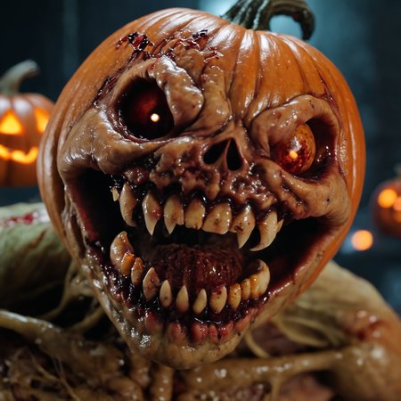 a BHXLV01 disgusting body horror halloween creature, punpkin head, slimy veiny skin, huge teeth, covered in blood,  <lora:BHXLV01-000006:0.8>, dof, highly detailed, <lora:halloweenXL:0.6>