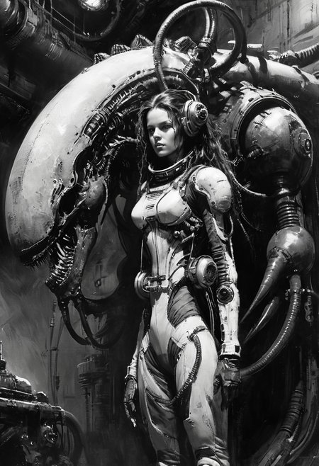 score_9, score_8_up, score_7_up, 1girl, solo, long hair, curly hair, brown hair, spacesuit, holding alien, industrial background, sci-fi, serious expression, detailed, high contrast, looking at viewer, realistic, futuristic, spaceship interior, intricate machinery, standing pose, resilient, strong female character, xenomorph, black and white, dramatic lighting, horror, suspense, alien creature, looming, tense atmosphere
,John Berkey Style page,FRESHIDEAS Dark RPG old-school style
