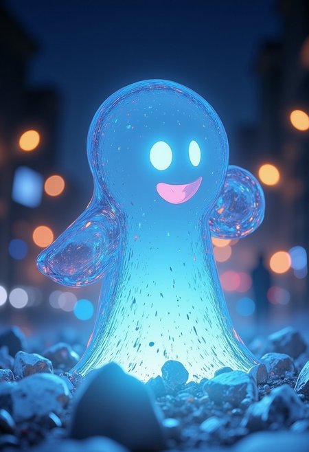 nistyle, A macro cgi Illustration Showing an translucent transparent spectral cute Ghost, amazing Details, high Quality and hyperdetailed realistic Photography, volumetric lighting