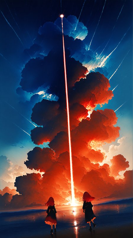 masterpiece, newest,absurdres,incredibly absurdres, best quality, amazing quality, very aesthetic, blue theme, orange hue,
2girls, instant loss, energy beam, cumulonimbus cloud, blonde, red hair, horizon, dutch angle,
<lora:Face_Enhancer_Illustrious:0.2>  <lora:KonYa666:1> kony4666 <lora:ka_marukogedago:1> k4_illu,  <lora:HyperdetailedIllustrationIll:1>