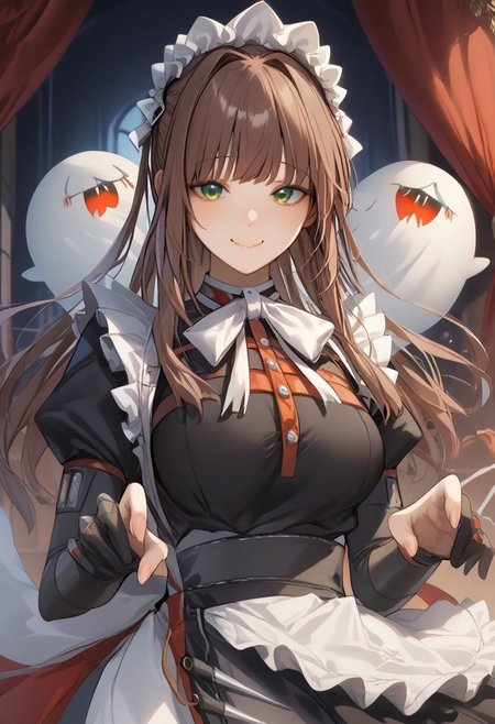 score_9, score_7_up, kakao style, ddlcmonika, <lora:ddlc-monika-ponyxl-lora-nochekaiser:1> ddlcmonika, blunt bangs, brown hair, green eyes, long hair, sidelocks, 
maid, maid dress, maid headress, white bow, white bowtie, black dress, black gloves, partially fingerless gloves, white apron, waist apron, long sleeves, puffy sleeves, juliet sleeves, black footwear, (boo!: 1.5), nice mouth, looking at viewer, smile, BREAK,
indoor, haunted house,